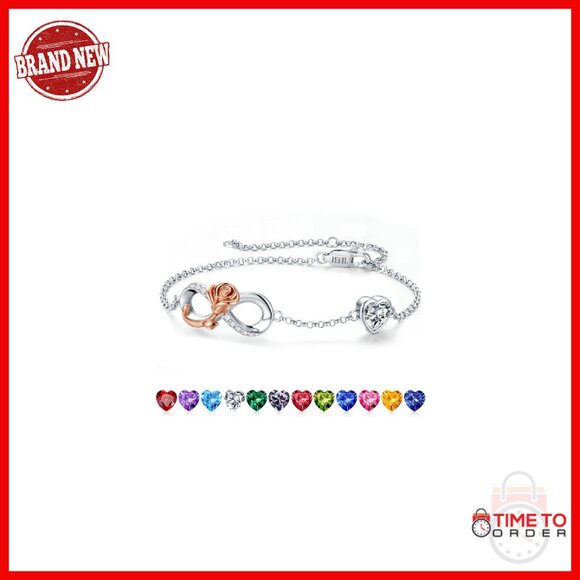 925 Sterling Silver Adjustable Birthstone Bracelet Infinity Rose Charm Gift